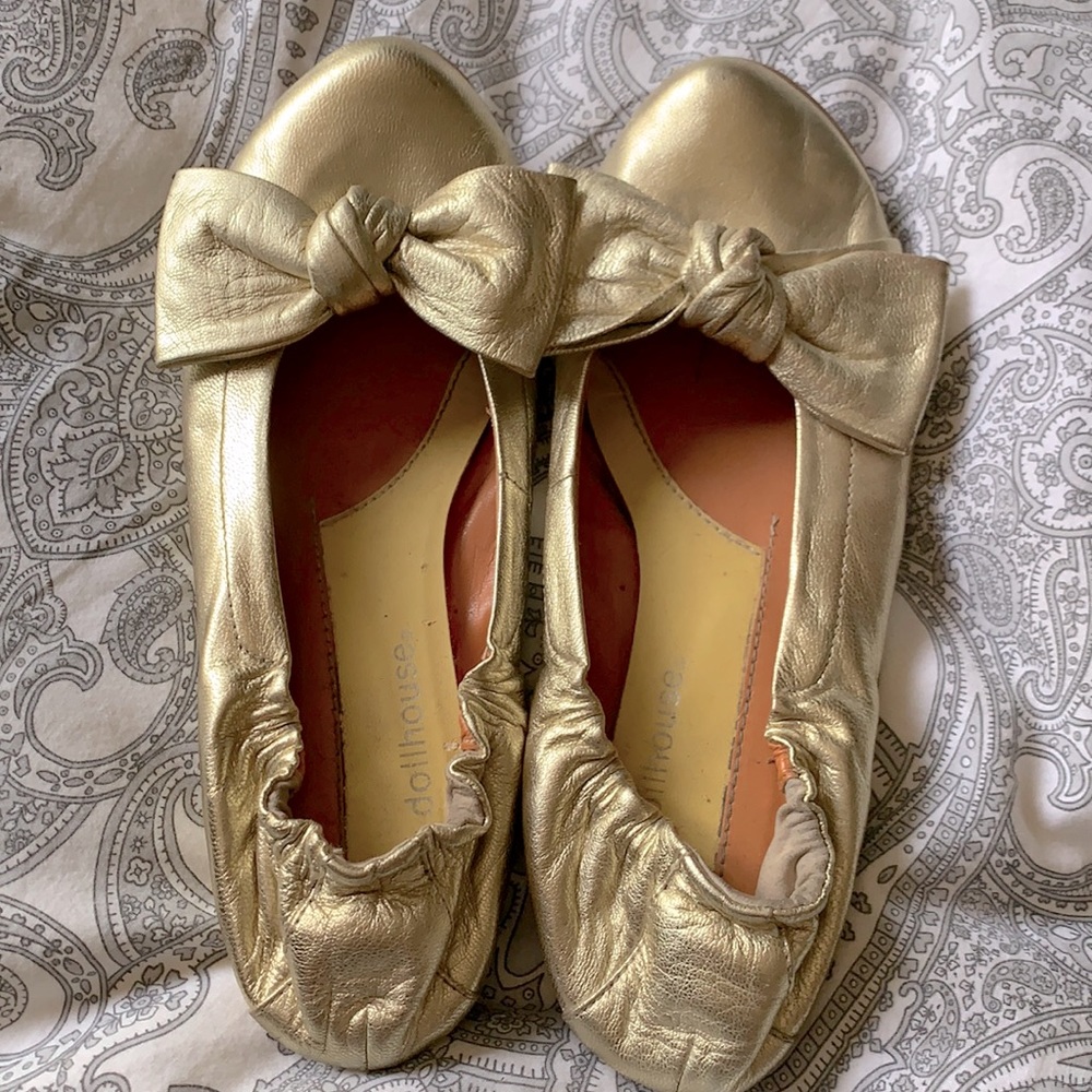 Gold leather Dollhouse Knot Bow Ballet Flats